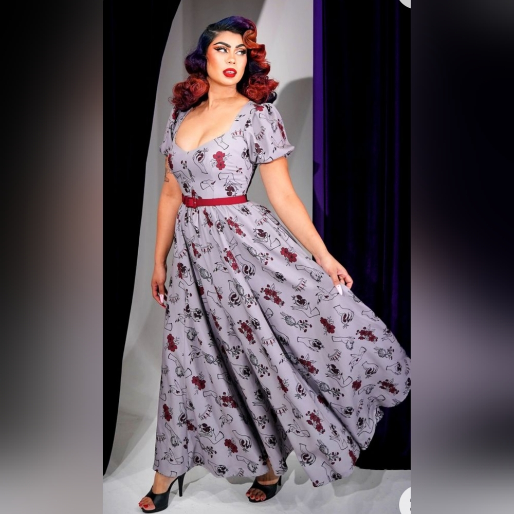 Pinup Couture Gray and Red Floral Dress Persephone Lucretzia